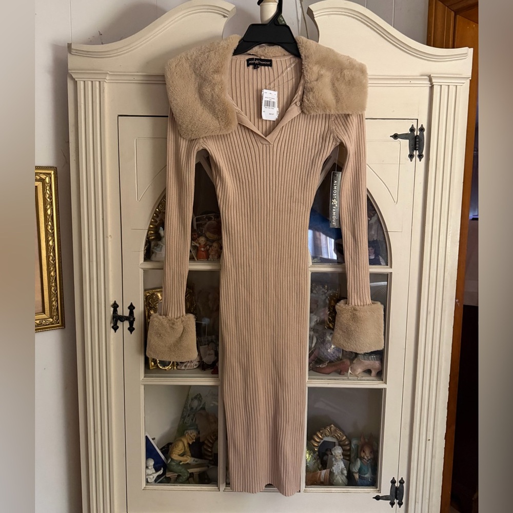 Almost Famous Beige Long Sleeve Dress with Faux Fur S